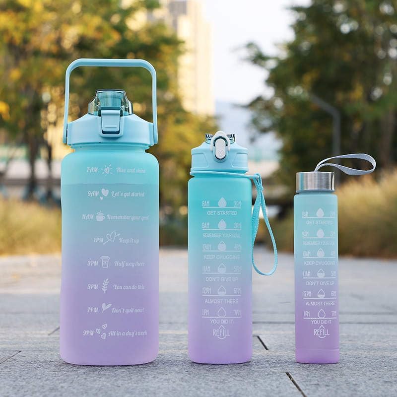 Sports Water Bottles 3 Pcs Set with Motivational Time Marker & Leak Proof Flip Top Lid (random color) - Image 2