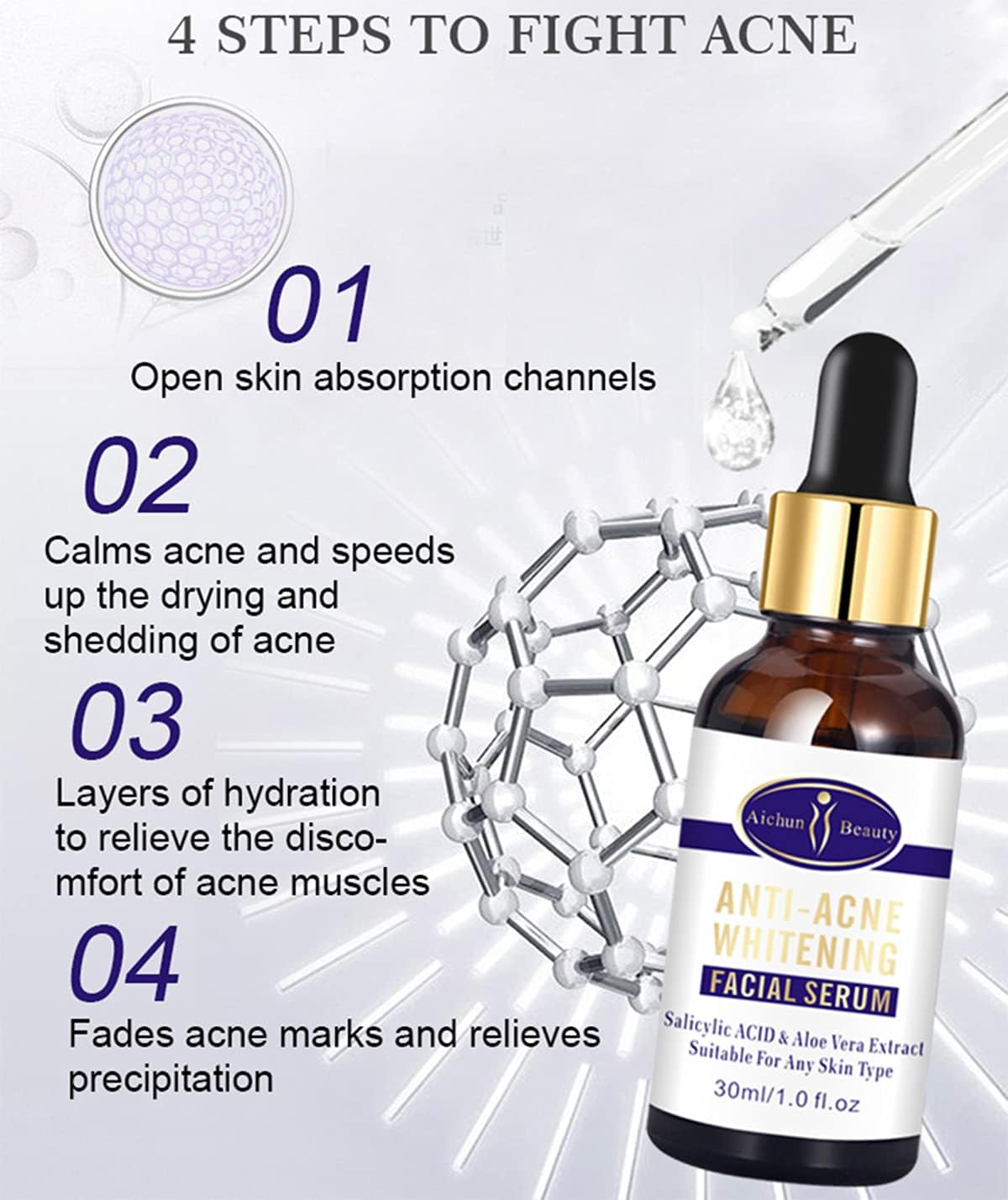 Aichun Beauty Anti - Acne Whitening Facial Serum Aloe Vera Extract Salicylic Acid Repairs Damaged Skin | 30ml - Image 3