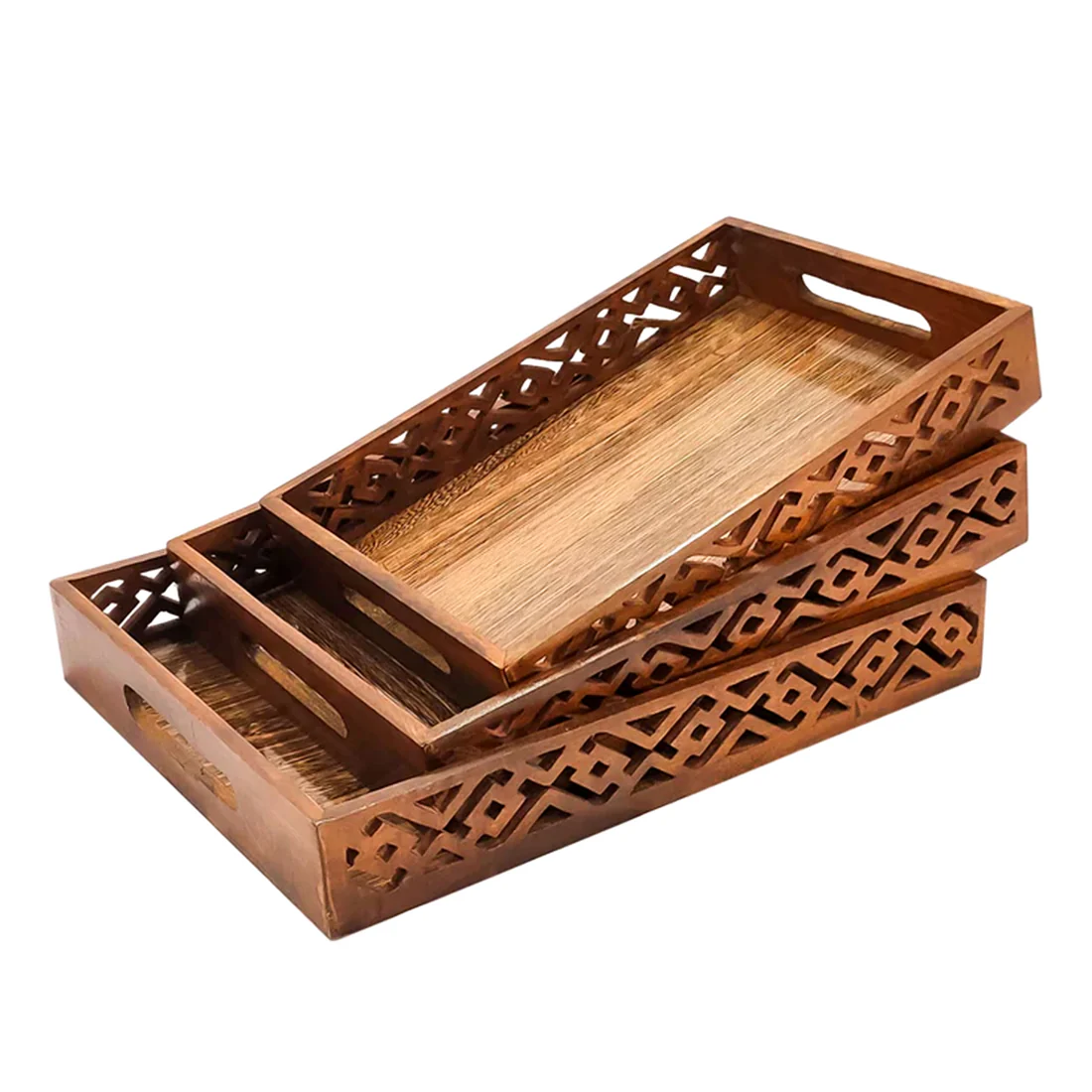 (pack of 3) Wooden Serving Tray Set with handles Wood Serving Trays for Tea Coffee Food Platter Household Kitchen Multipurpose Use - Image 4