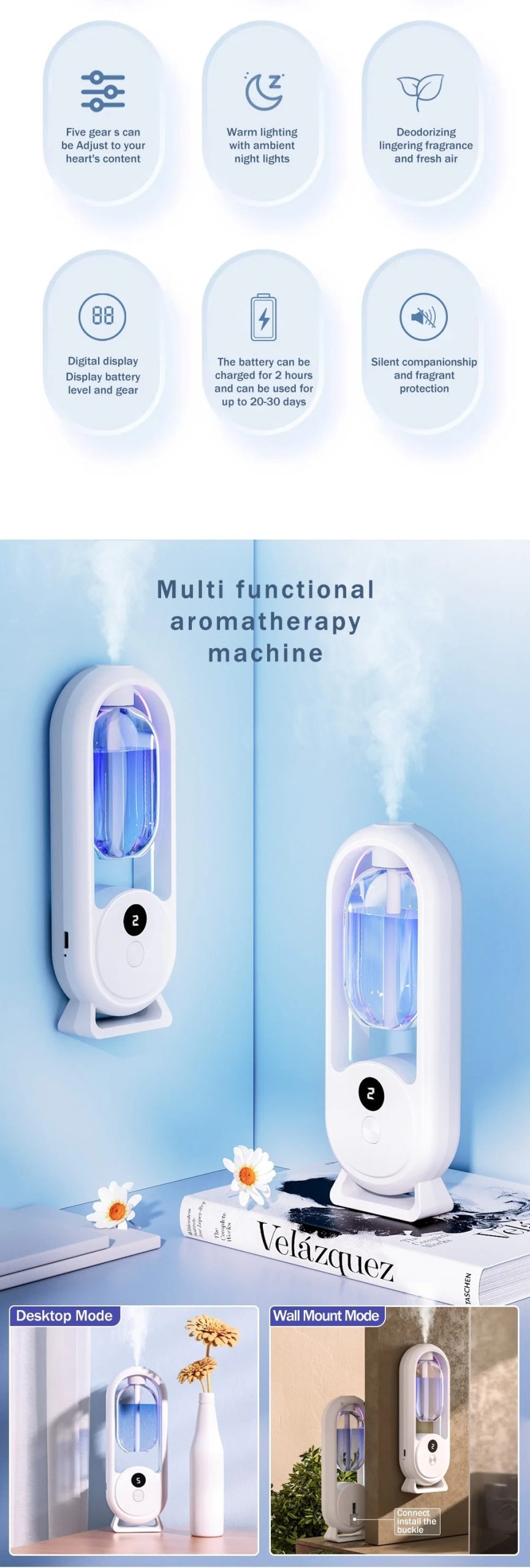 Rechargeable 5-Mode Aromatic Diffuser - Timed Essential Oil Air Freshener for Bedroom, Living Room & Bathroom 50ml - Image 4