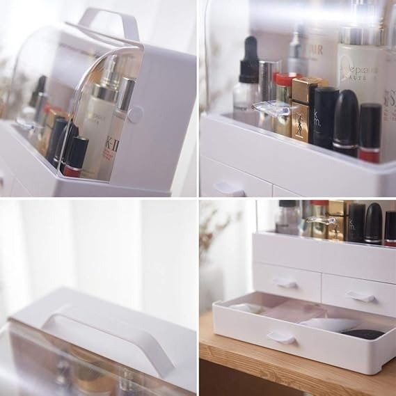 Makeup Organizer Modern Cosmetic White Storage Box | Portable Handle Fully Open Waterproof Lid Dust Proof 3 Drawers Great for Bathroom, Dresser, Counter top - Image 3