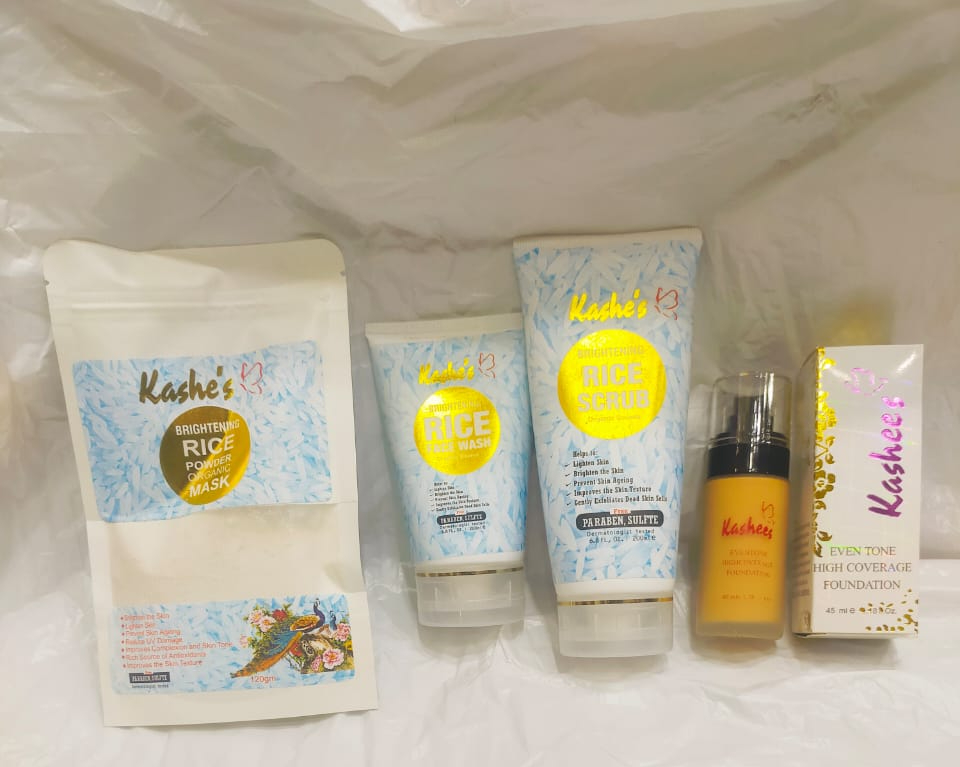 (pack of 4 ) Kashe's Rice Extract Bright +Kashees Foundation & Glow Kit ( Rice Face Wash + Rice Scrub + Rice Mask +Kashees Foundation ) - Image 3