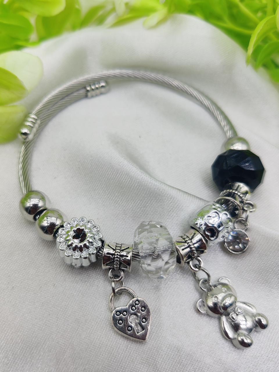 1 Piece Imported Pandora-Inspired Silver Charm Bracelet - Heart & Teddy Accents | Best Quality Bracelet For Girls & Women | Girls & Women Jewellery - Image 2