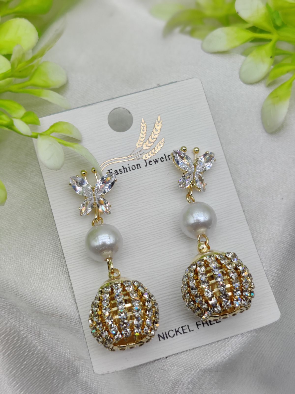 Import Elegant Butterfly Pearl Drop Earrings with Crystal Sphere Charm - Image 3