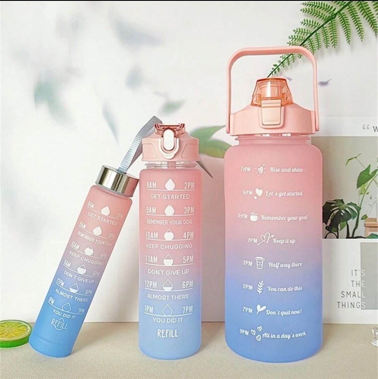 Sports Water Bottles 3 Pcs Set with Motivational Time Marker & Leak Proof Flip Top Lid (random color) - Image 2