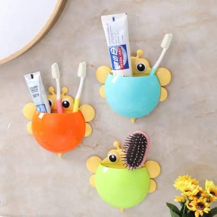 Bee Shaped Plastic Toothbrush Holder with Suction Hook - Cute Wall Mounted Toothbrush Stand for Kids & Travel (Random Colors) - Image 8