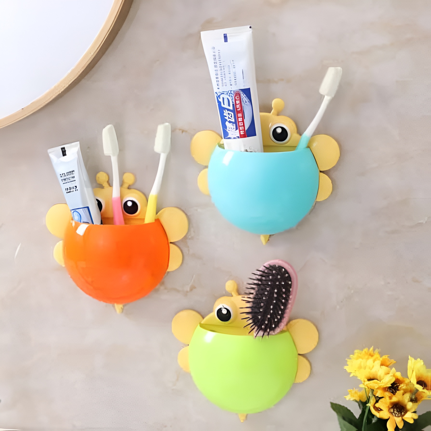 Bee Shaped Plastic Toothbrush Holder with Suction Hook - Cute Wall Mounted Toothbrush Stand for Kids & Travel (Random Colors) - Image 3
