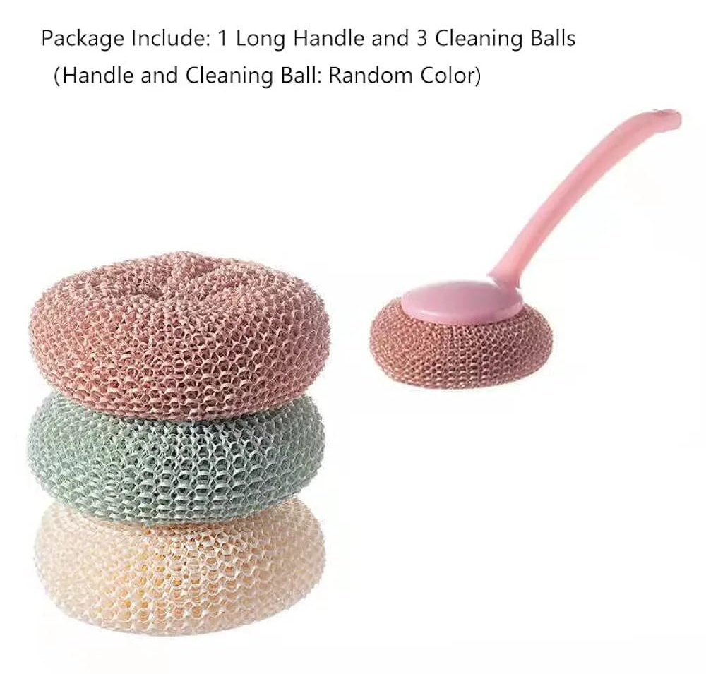 Multipurpose Fiber Cleaning Balls with Long Handle - Reusable Scrubbers for Kitchen & Household Cleaning (1 Handle & 3 Balls)(Random color) - Image 4