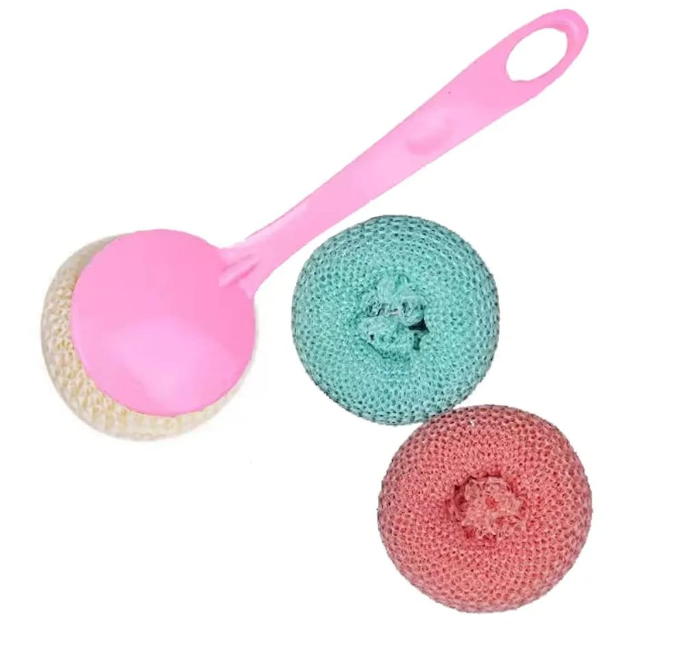 Multipurpose Fiber Cleaning Balls with Long Handle - Reusable Scrubbers for Kitchen & Household Cleaning (1 Handle & 3 Balls)(Random color) - Image 5