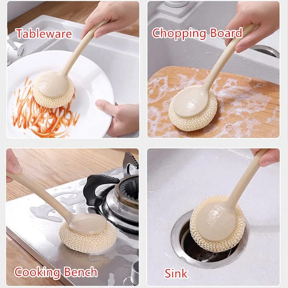 Multipurpose Fiber Cleaning Balls with Long Handle - Reusable Scrubbers for Kitchen & Household Cleaning (1 Handle & 3 Balls)(Random color) - Image 2
