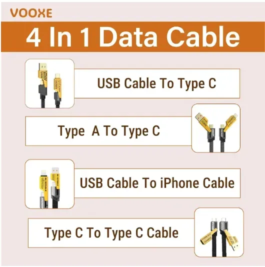 4 in 1 Data Cable Pack of 2 - USB-C & Lightning Connectors, Braided Durable Design, Fast Charging & Data Transfer, Black with Yellow Connectors - Image 8