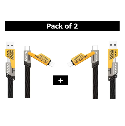 4 in 1 Data Cable Pack of 2 - USB-C & Lightning Connectors, Braided Durable Design, Fast Charging & Data Transfer, Black with Yellow Connectors - Image 7