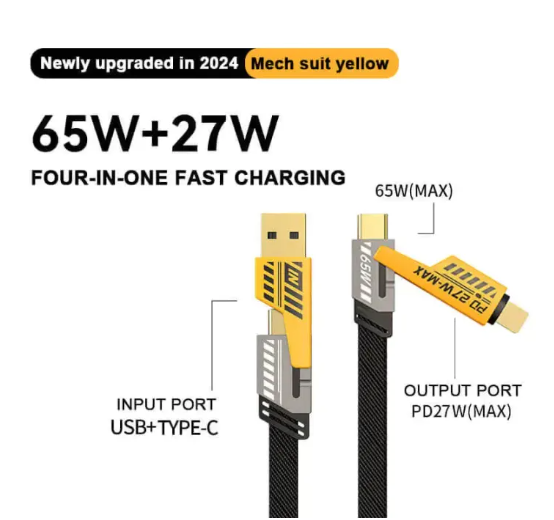 4 in 1 Data Cable Pack of 2 - USB-C & Lightning Connectors, Braided Durable Design, Fast Charging & Data Transfer, Black with Yellow Connectors - Image 6