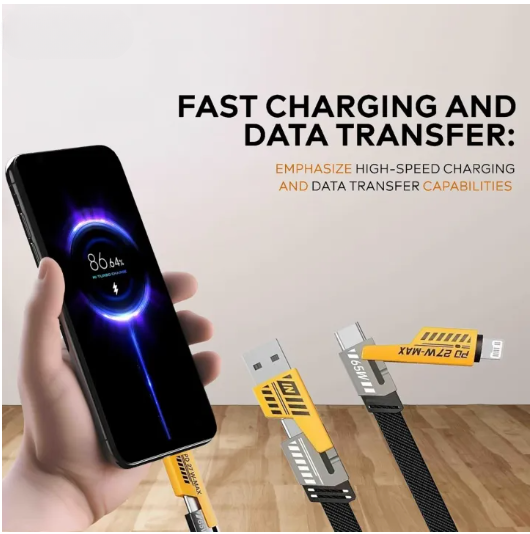 4 in 1 Data Cable Pack of 2 - USB-C & Lightning Connectors, Braided Durable Design, Fast Charging & Data Transfer, Black with Yellow Connectors - Image 4
