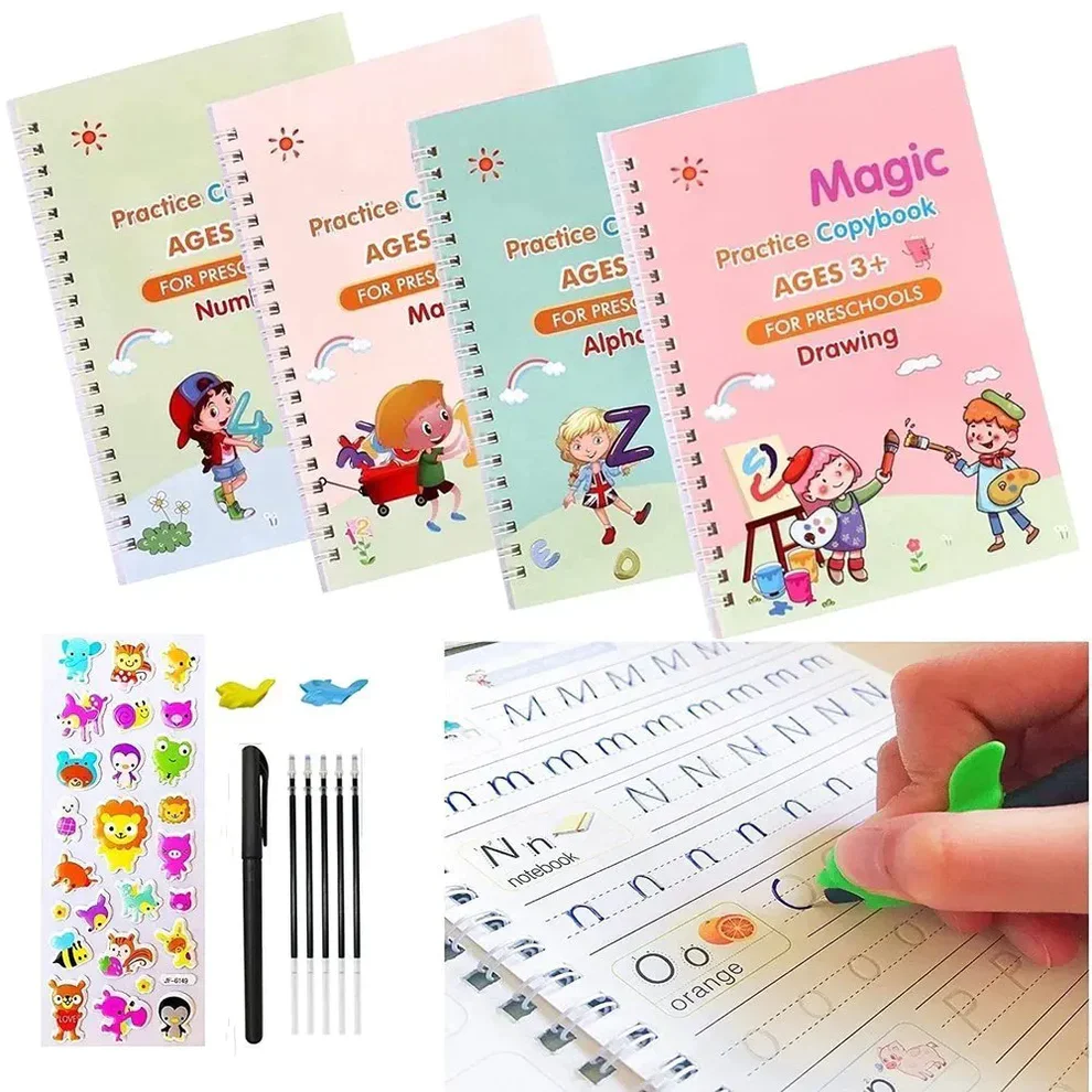 Set of 4 Sank Magic Learning Book with Magic Pen & 5 refills, Practice book For Montessori children Tracing Handwriting - Image 4