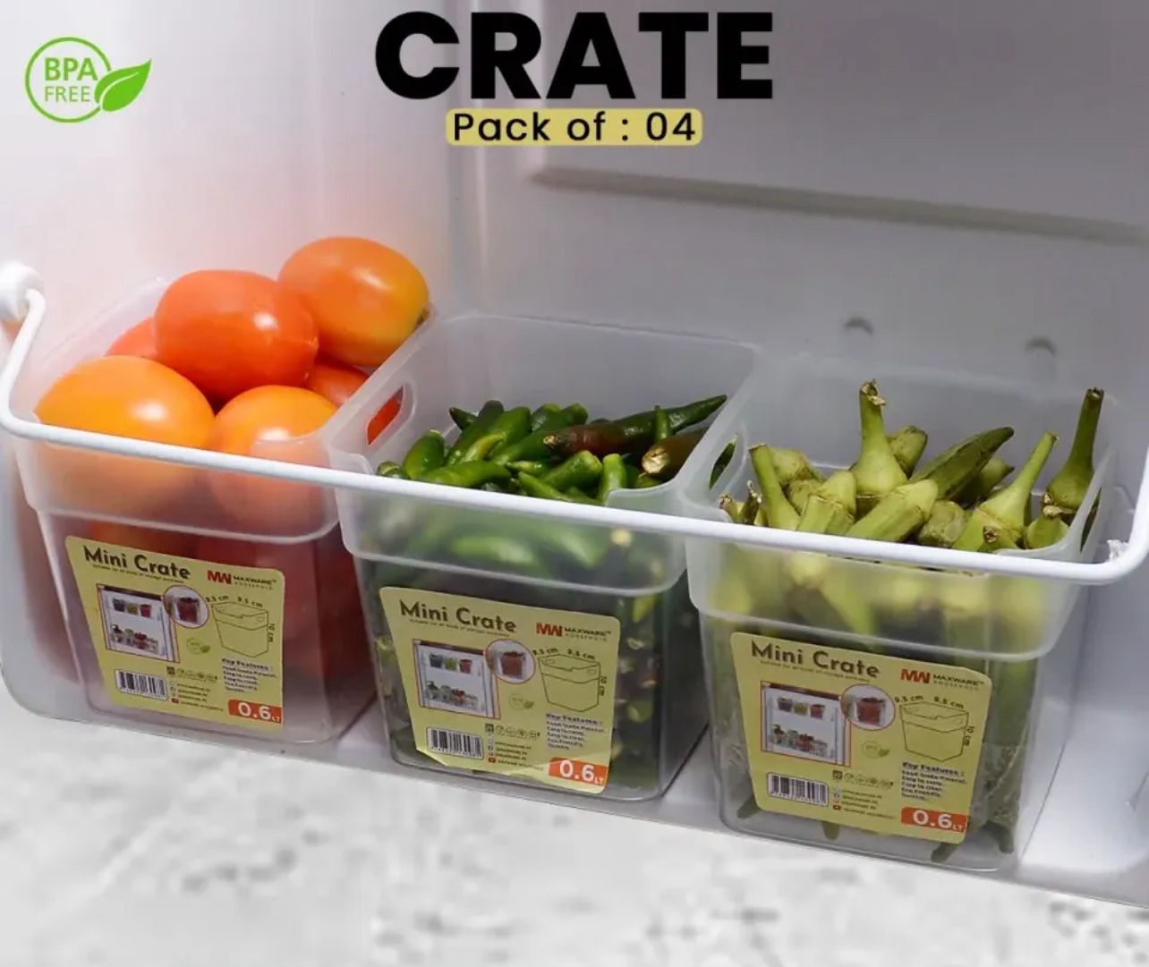 4-Piece Refrigerator Storage Crate Set – 0.6L Each