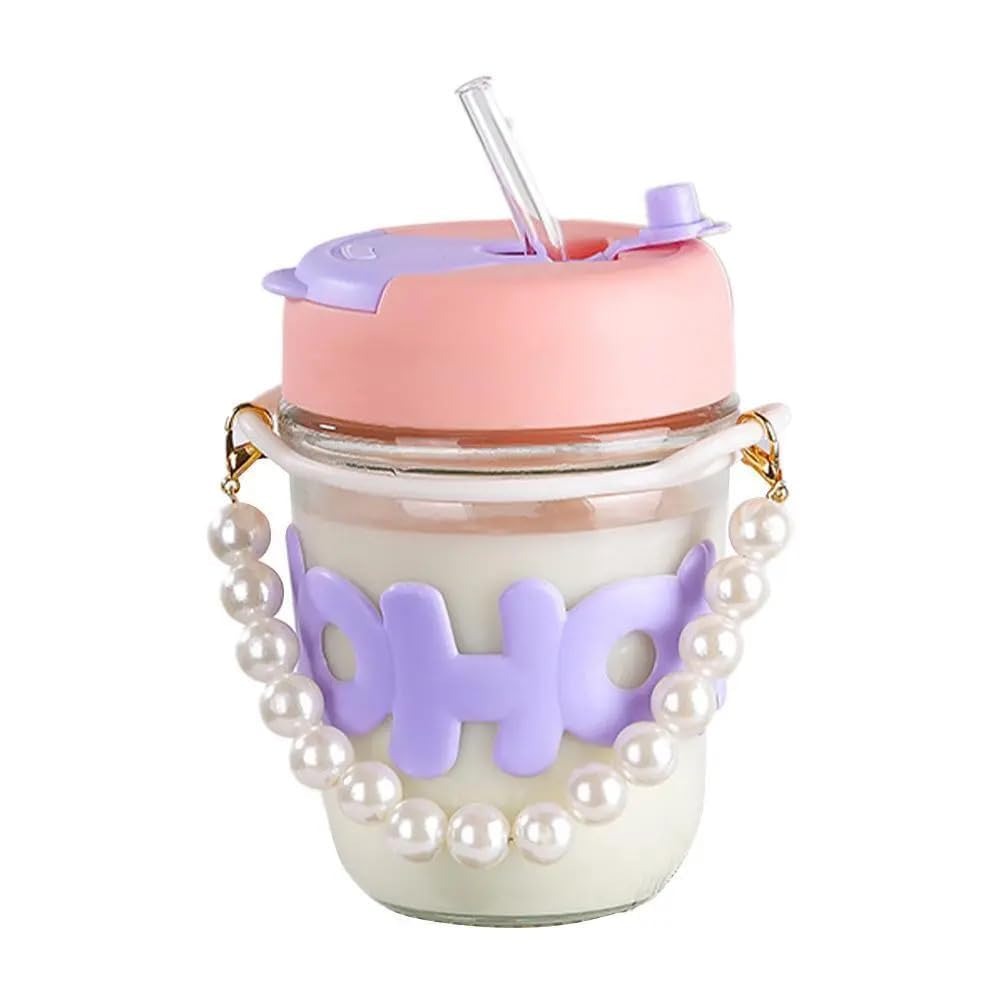 Pearl Handle Glass Water Bottle with Straw