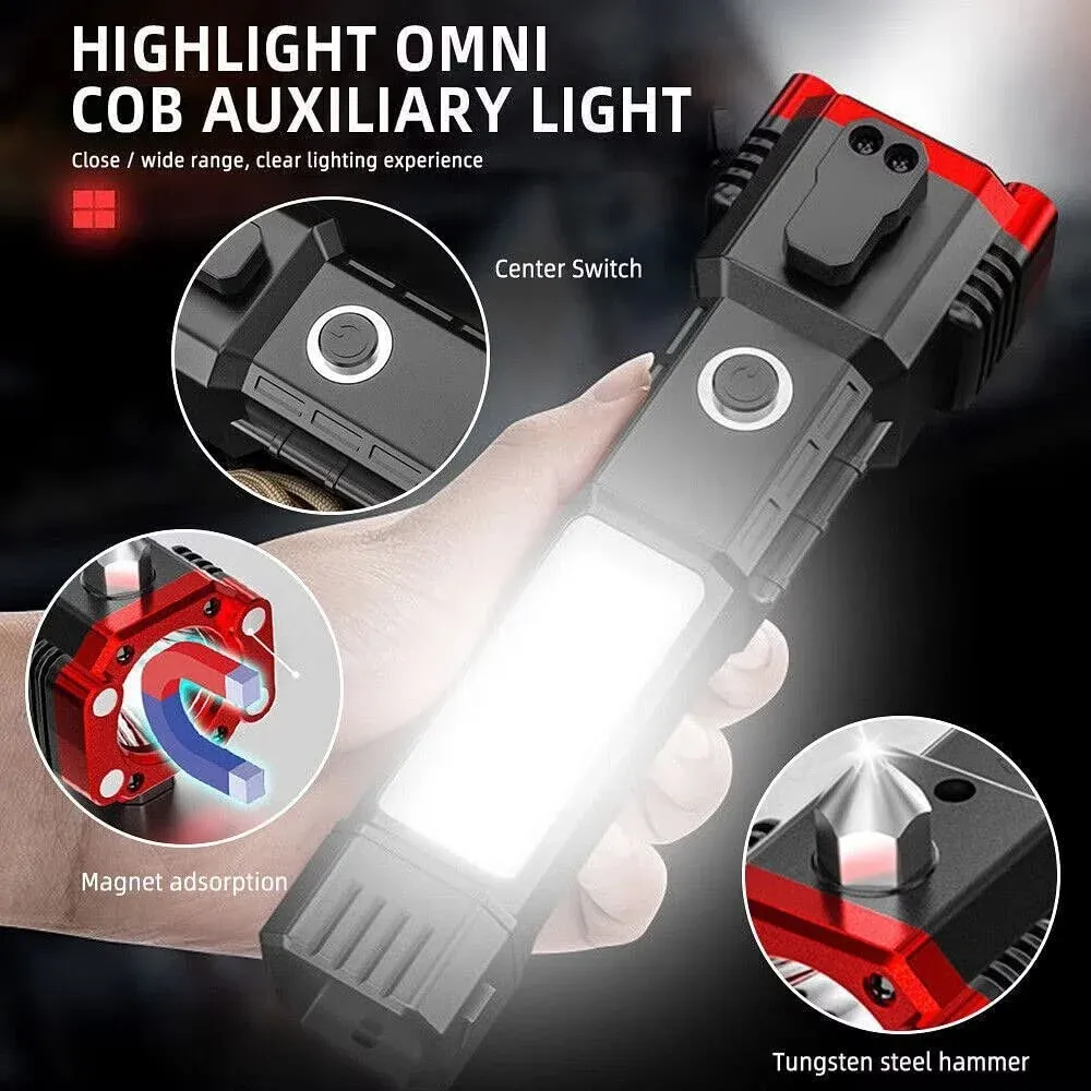 High-Power LED Rechargeable Torch with Emergency Hammer & Power Bank - Image 3