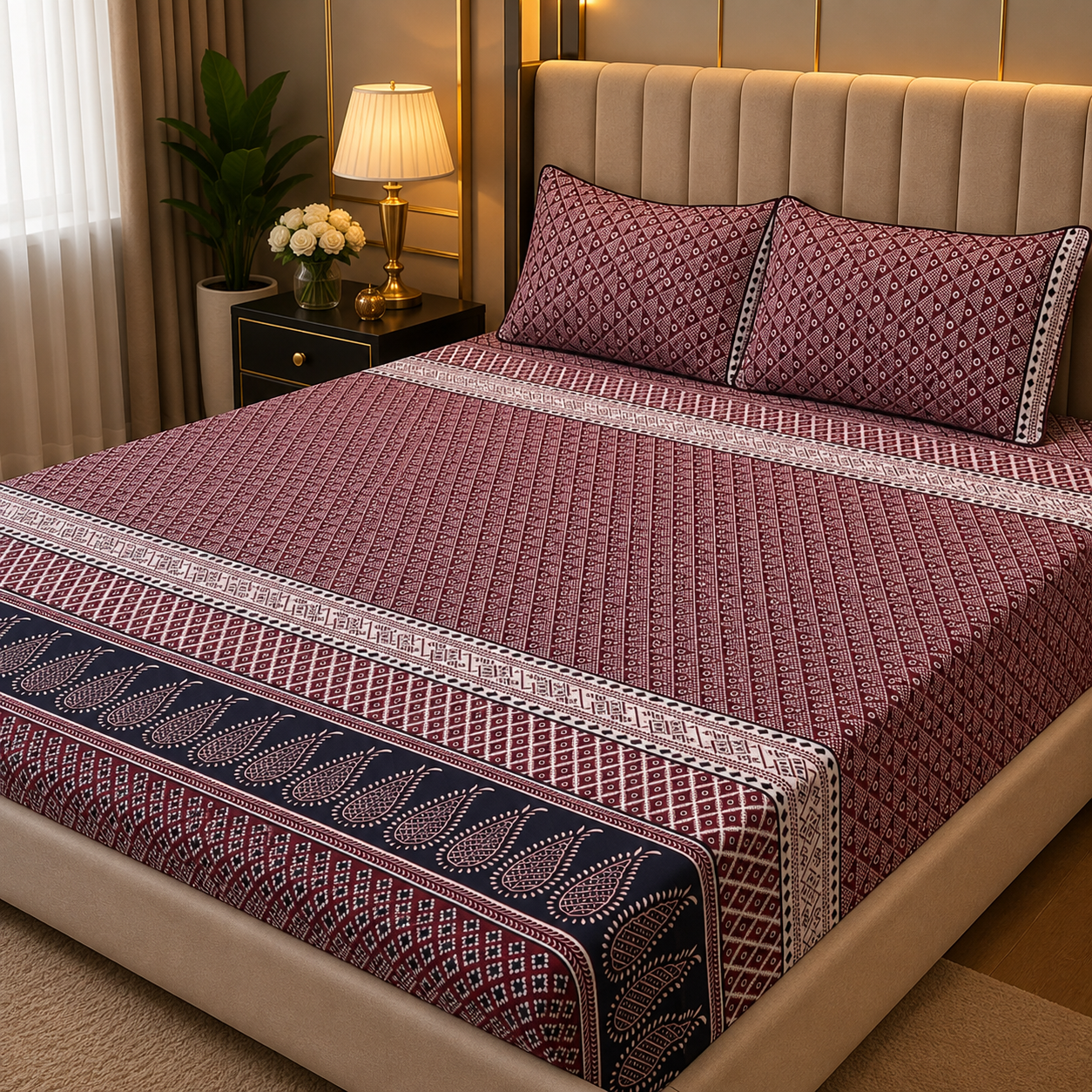 3D Crystal Cotton 3-Piece Double Bedsheet Set with 2 Pillow Covers - Image 2