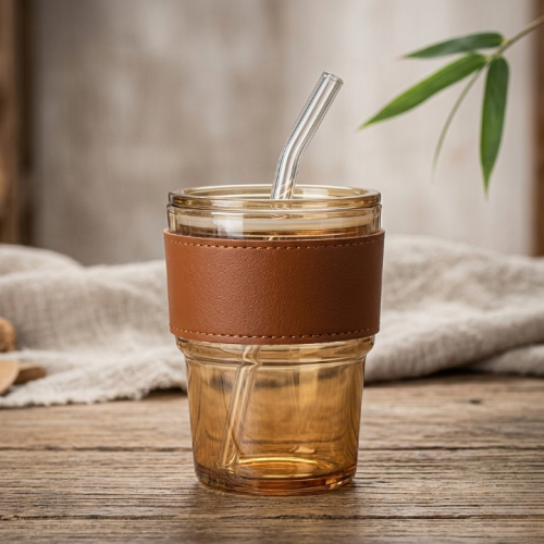 Amber Glass Coffee Tumbler 400ml with Leather Sleeve & Glass Straw